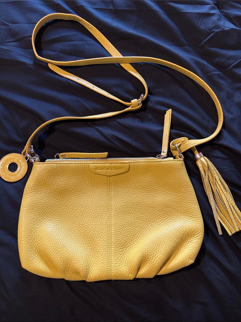 ISSAC MIZRAHII Yellow Pebbled Leather Crossbody with Tassel Charm